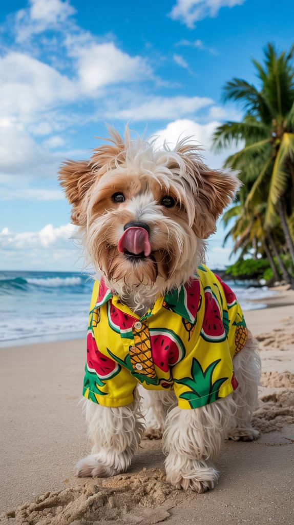 A fruity summer Hawaiian shirt is a fun choice for your dog. These shirts often feature bright colors and fun fruit patterns, like pineapples or watermelons.