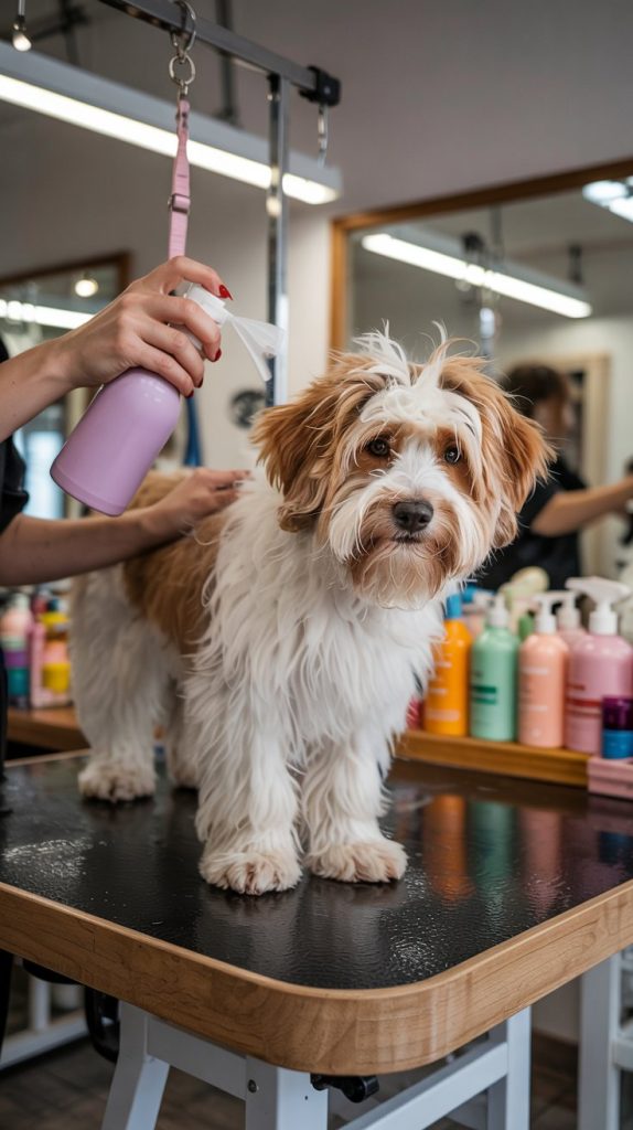 A fluffy dog stands on a grooming table, surrounded by colorful bottles of detangling spray. The groomer gently sprays the dog's fur, creating a serene and pampered atmosphere