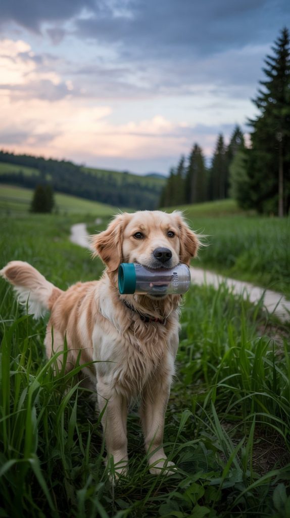 A happy dog drinking from a portable water bottle while on a walk in a park