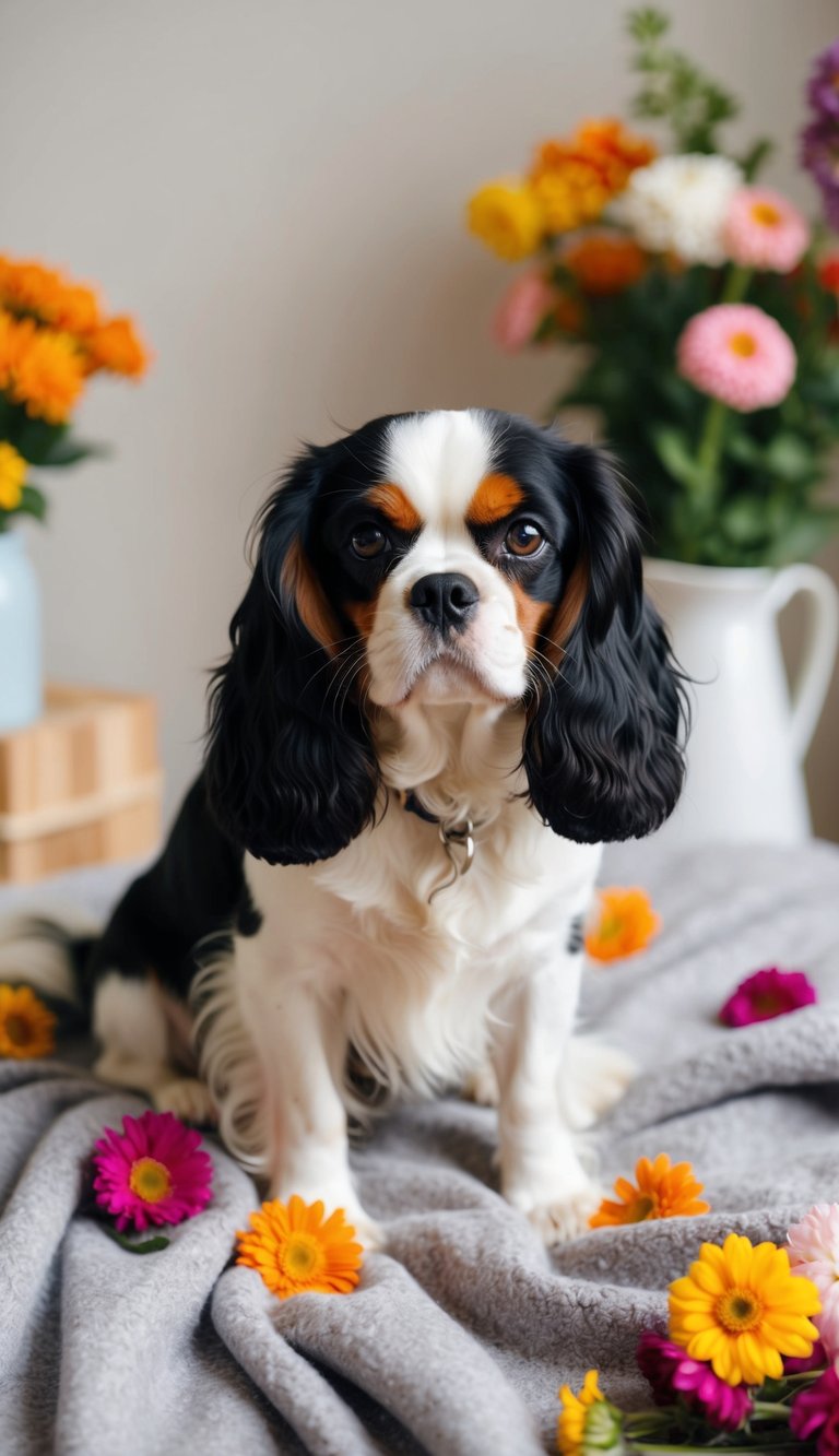 A Cavalier King Charles Spaniel sits on a cozy blanket, surrounded by colorful flowers, with a gentle expression and wagging tail