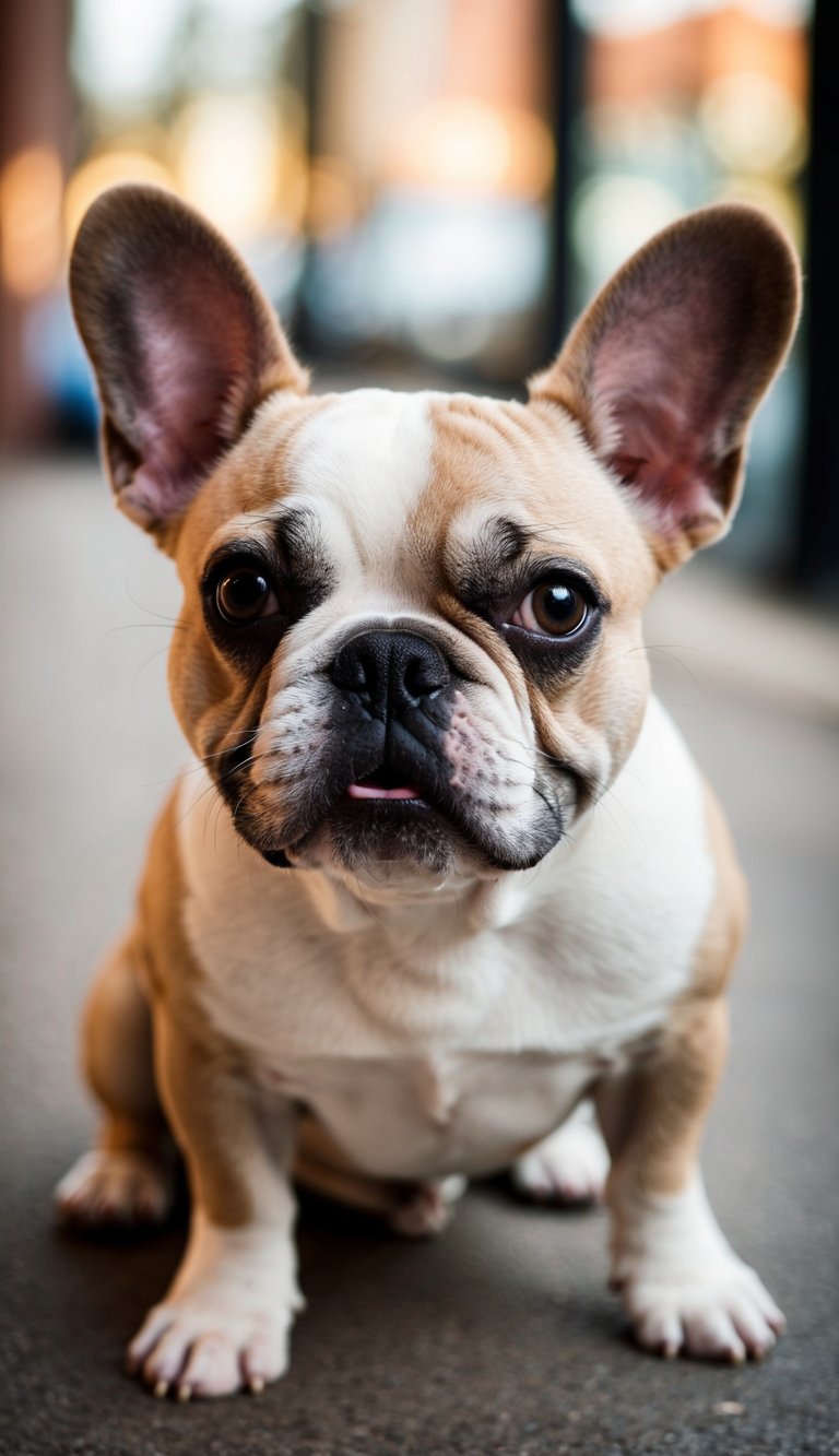 A French Bulldog sits with a playful expression, its big, round eyes and bat-like ears adding to its irresistibly cute appearance
