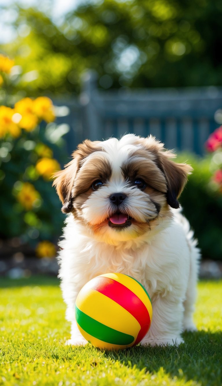 A fluffy Shih Tzu puppy playing with a colorful ball in a sunlit garden