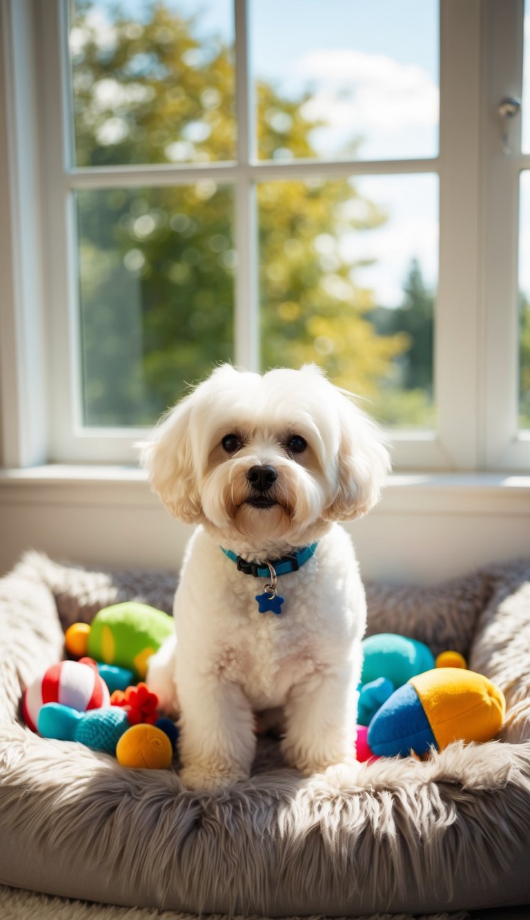 A Bichon Frise sits on a fluffy bed, surrounded by colorful toys and a bright, sunny window