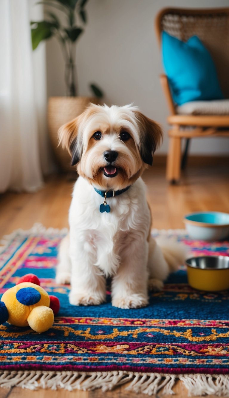 A Havanese dog with fluffy fur and expressive eyes sits on a colorful rug, surrounded by toys and a bowl of water