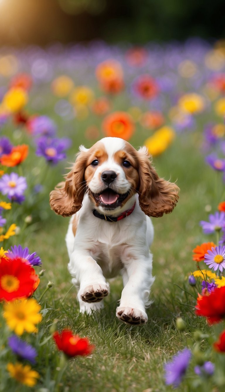 A Cocker Spaniel puppy romping through a field of colorful flowers, with a big smile and wagging tail