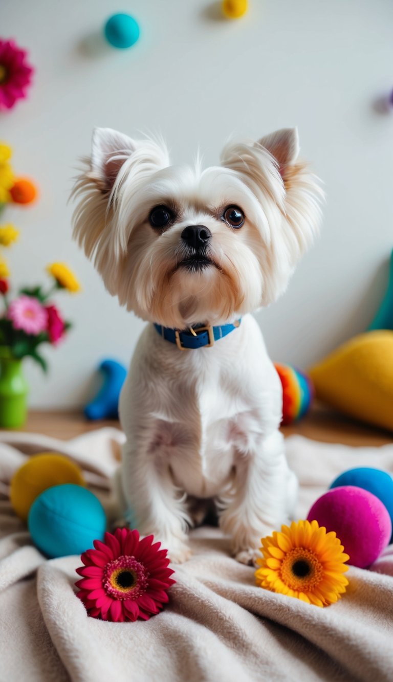 A Maltese dog sitting on a soft blanket, looking up with big, expressive eyes, surrounded by colorful toys and flowers