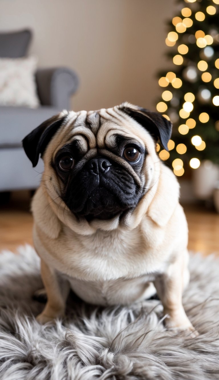A pug sits on a fluffy rug, looking up with big, soulful eyes, its wrinkled face and curly tail adding to its undeniable cuteness