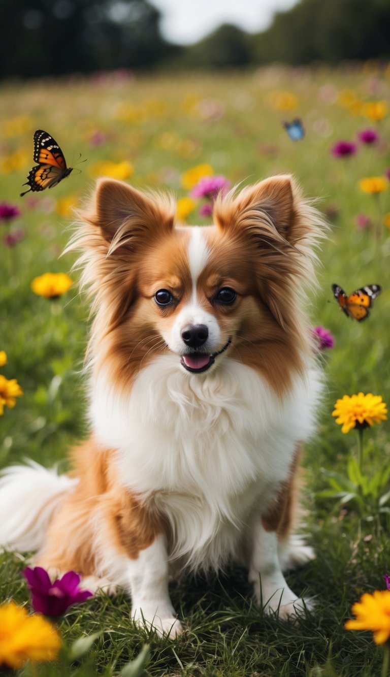 A fluffy Papillon dog sits on a grassy field, surrounded by colorful flowers and butterflies. Its ears are perked up, and its eyes are filled with curiosity and playfulness