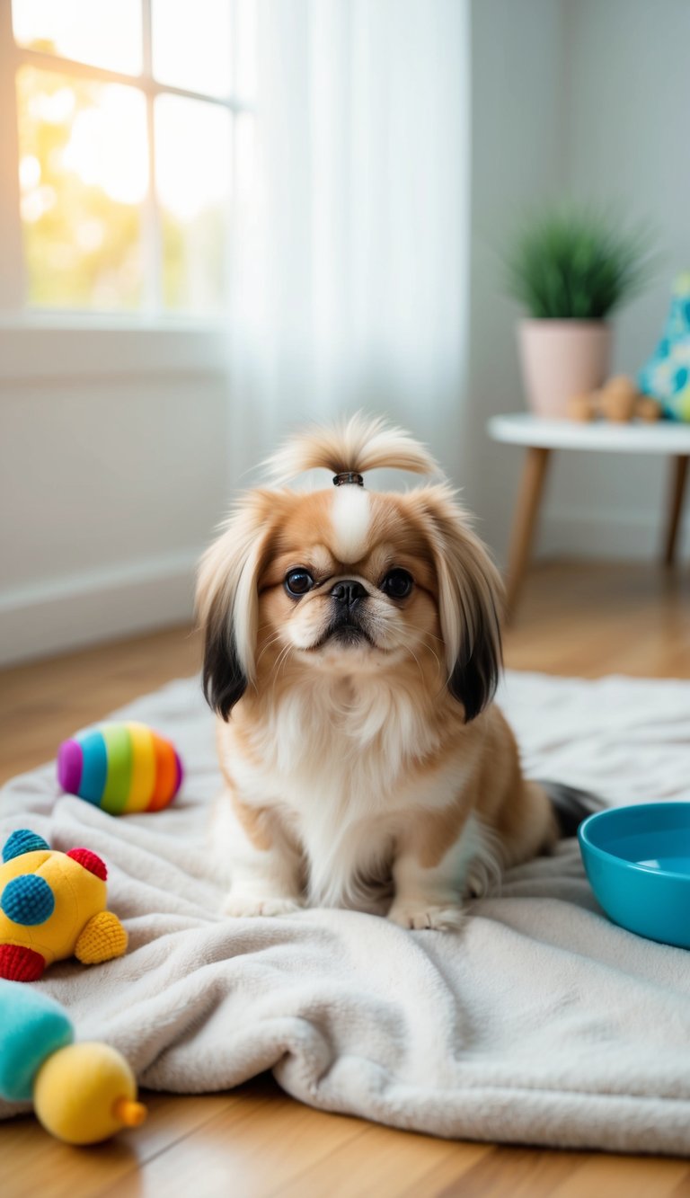 A fluffy Pekingese dog sits on a soft blanket, surrounded by colorful toys and a bowl of water. Its adorable face and small, round body exude cuteness