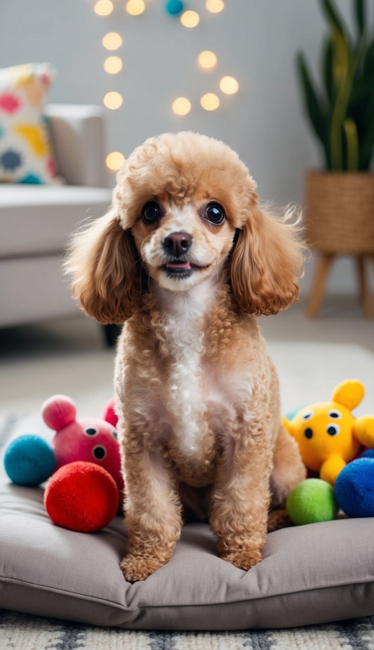 A Toy Poodle with big, round eyes and fluffy fur, sitting on a soft cushion, surrounded by colorful toys and looking up with an adorable expression