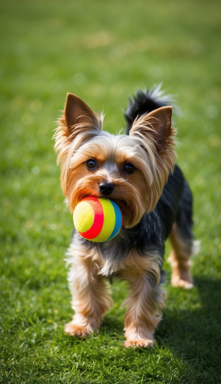 A Yorkshire Terrier with a playful expression, standing on green grass with a colorful ball in its mouth
