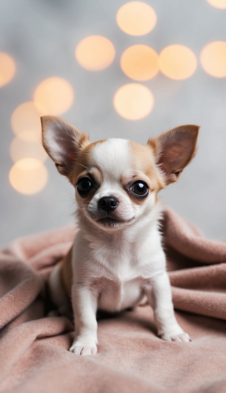 A tiny Chihuahua puppy sitting on a soft blanket, looking up with big, adorable eyes