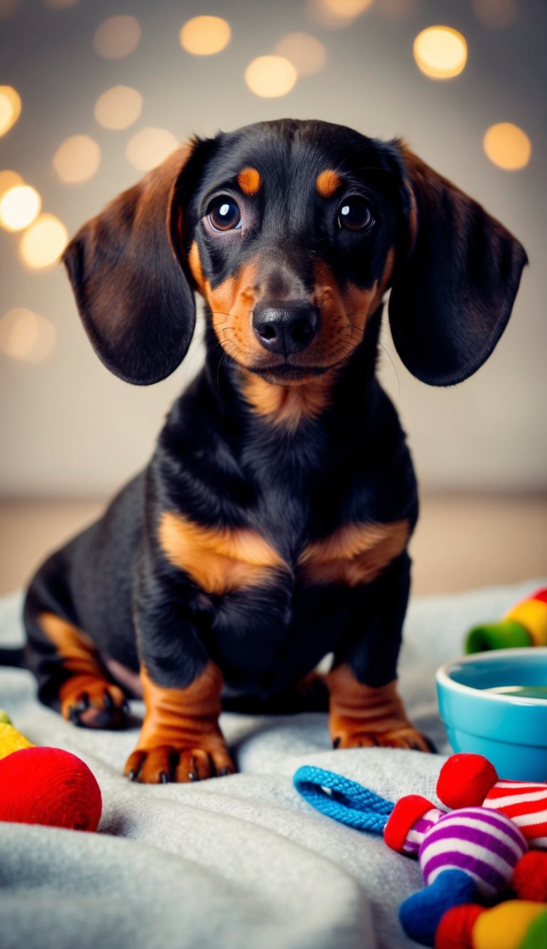 A dachshund puppy with big, soulful eyes and floppy ears, sitting on a soft blanket surrounded by colorful toys and a bowl of water