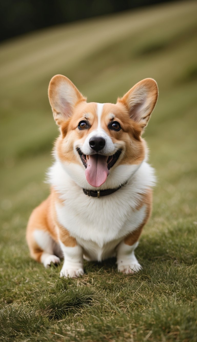 A Pembroke Welsh Corgi sits on a grassy hill, tongue out, with a playful and affectionate expression
