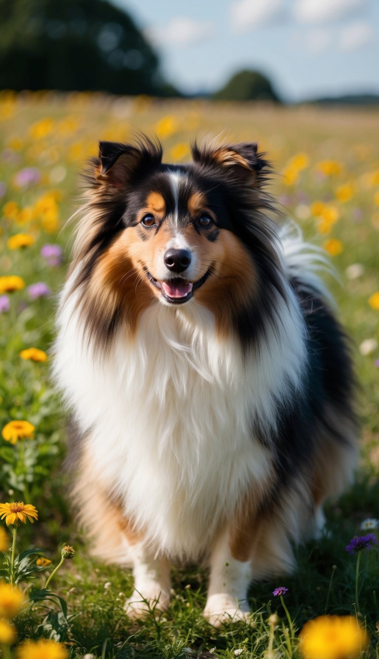 A Shetland Sheepdog with a fluffy coat and bright eyes, standing in a field of wildflowers, with a gentle breeze blowing through its fur