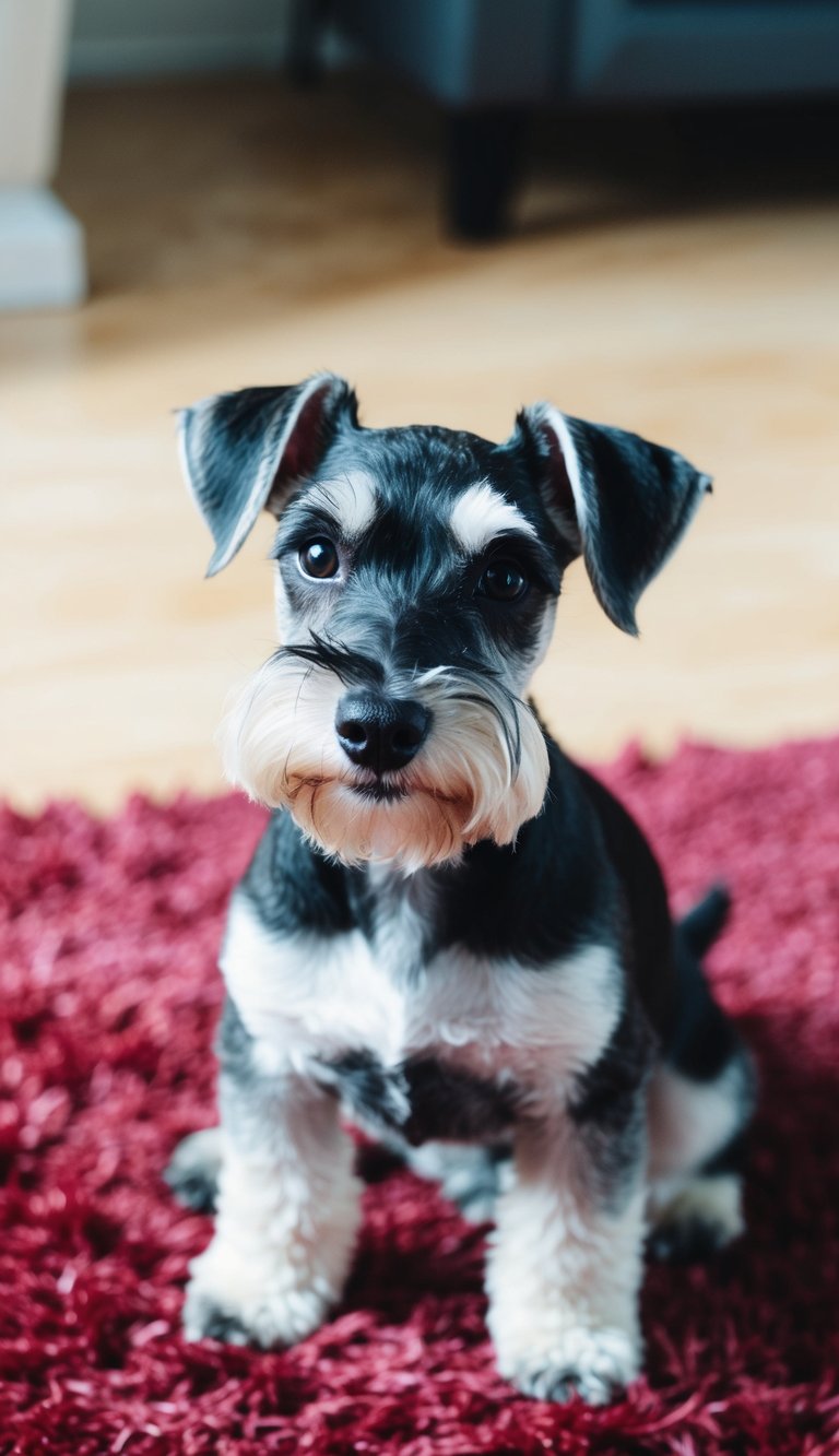 A Miniature Schnauzer sits on a plush rug, with its head tilted and ears perked up, looking directly at the viewer with a sweet and endearing expression