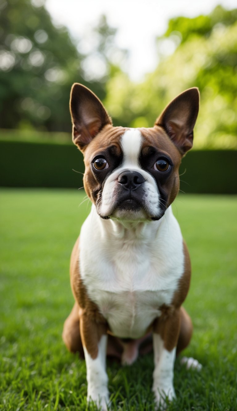 A Boston Terrier with big, soulful eyes sits on a lush green lawn, looking adorable and charming