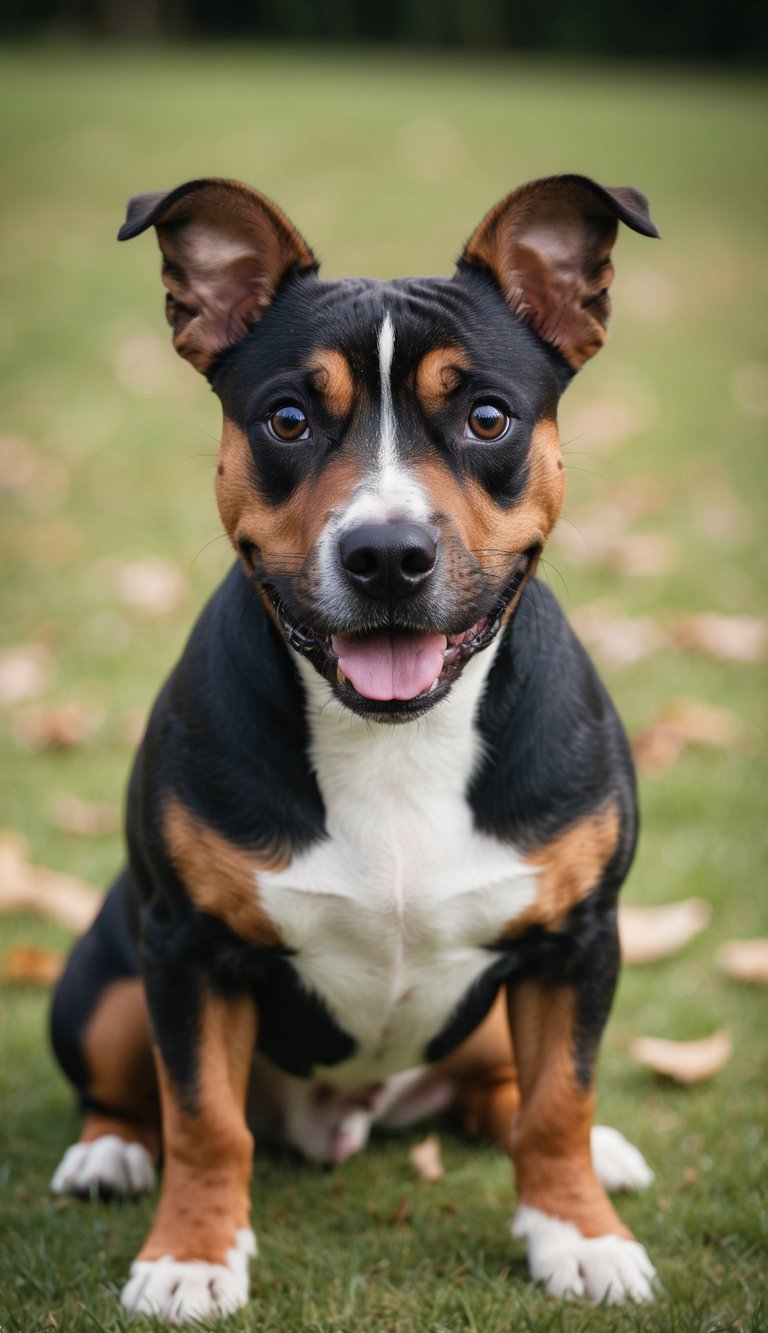 A Staffordshire Bull Terrier sits with a playful expression, its wide eyes and perky ears capturing the essence of its incredibly cute nature