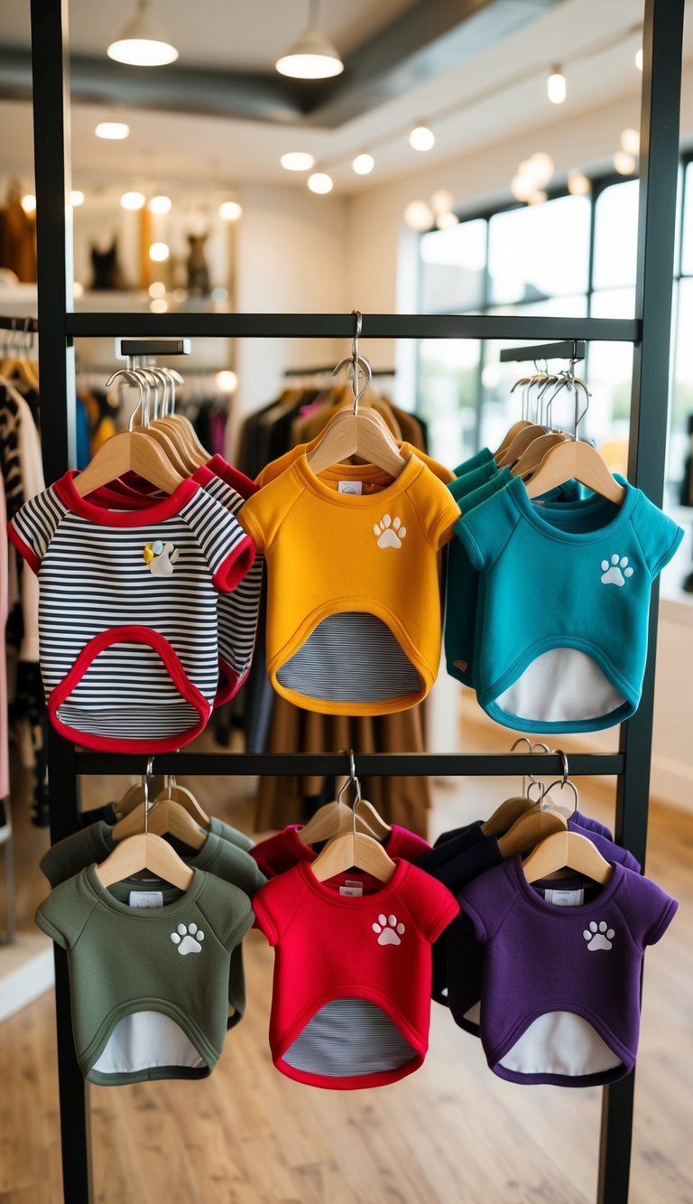A variety of cute dog outfits displayed on hangers in a cozy, well-lit boutique setting