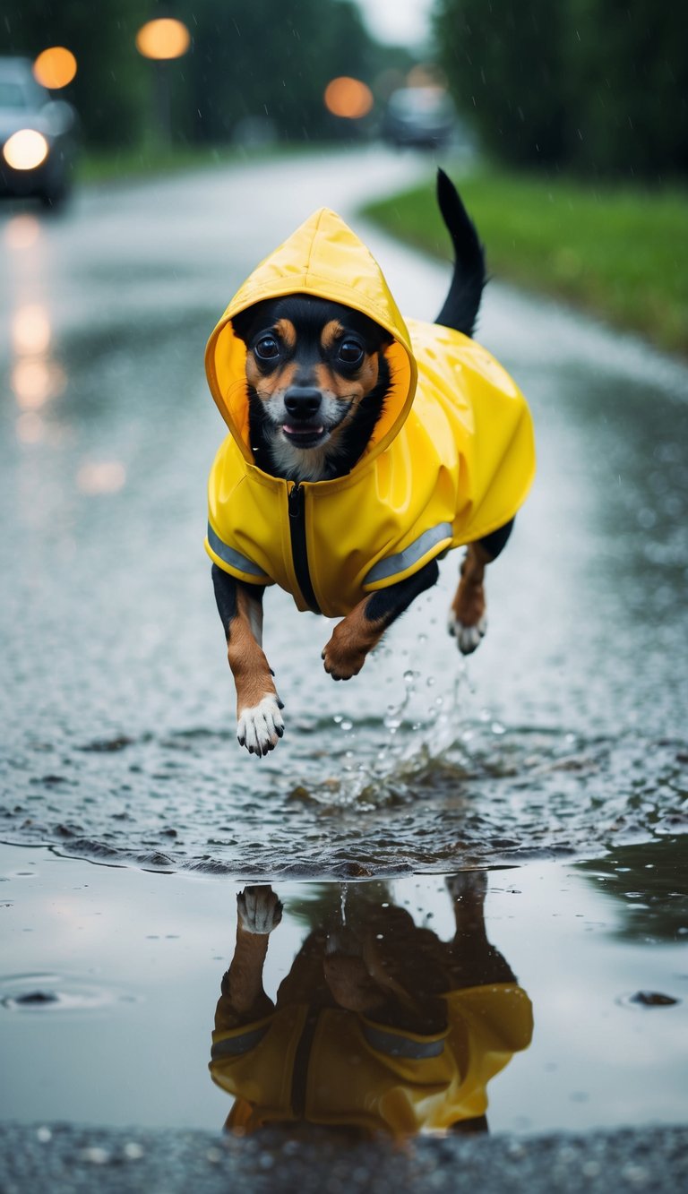 A small dog wearing a bright yellow raincoat jumps over a puddle on a rainy day