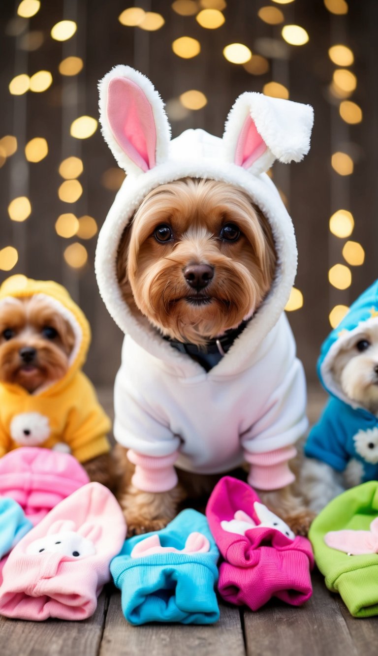 A small dog wearing a fluffy bunny ears hoodie, surrounded by a variety of adorable and cute outfits for different seasons