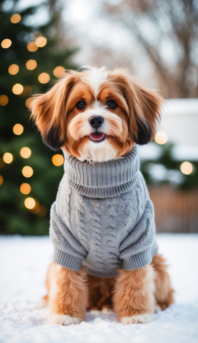 A fluffy dog wearing a cozy, stylish winter sweater