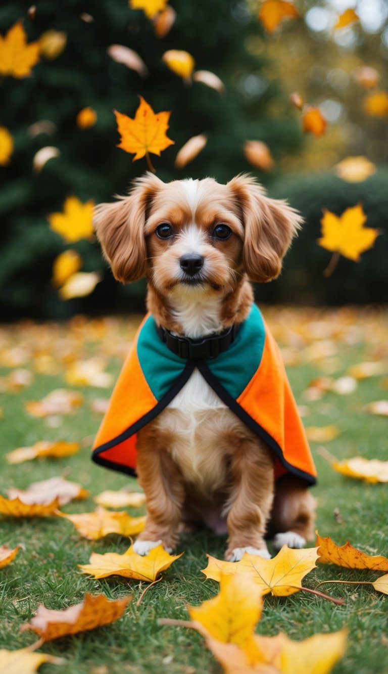 A small dog wearing a pumpkin spice-colored cape, surrounded by falling autumn leaves