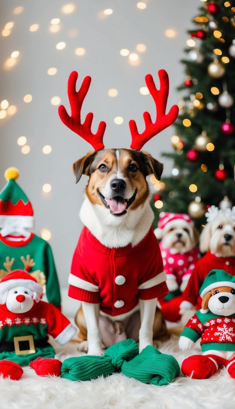 A happy dog wearing festive reindeer antlers surrounded by a variety of cute outfits for different seasons