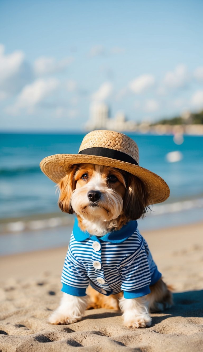 A sunny beach day with a straw hat, and a cute dog in an adorable outfit