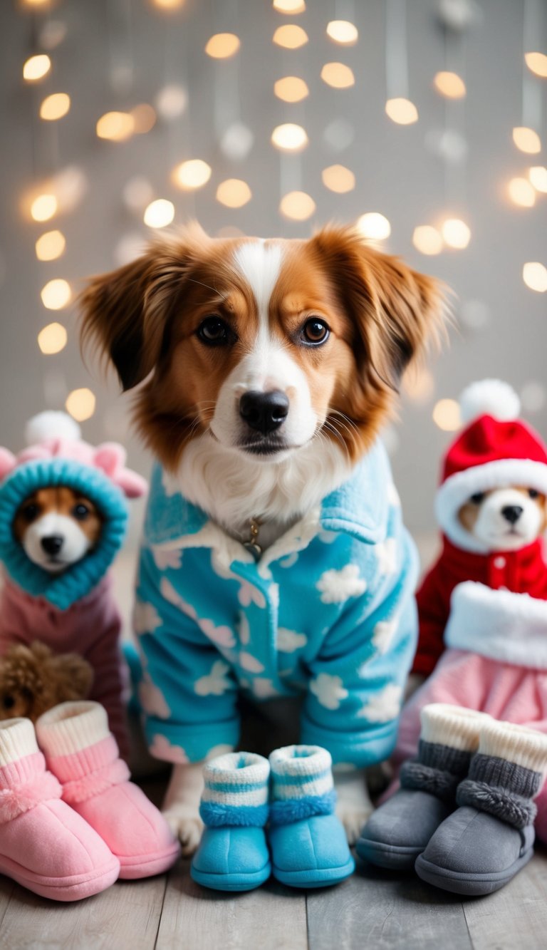 A cute dog wearing snuggly fleece pajamas, surrounded by 21 adorable outfits for every season