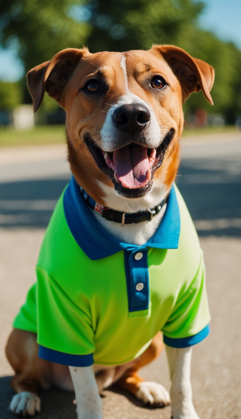 A happy dog wearing a bright polo shirt on a sunny day