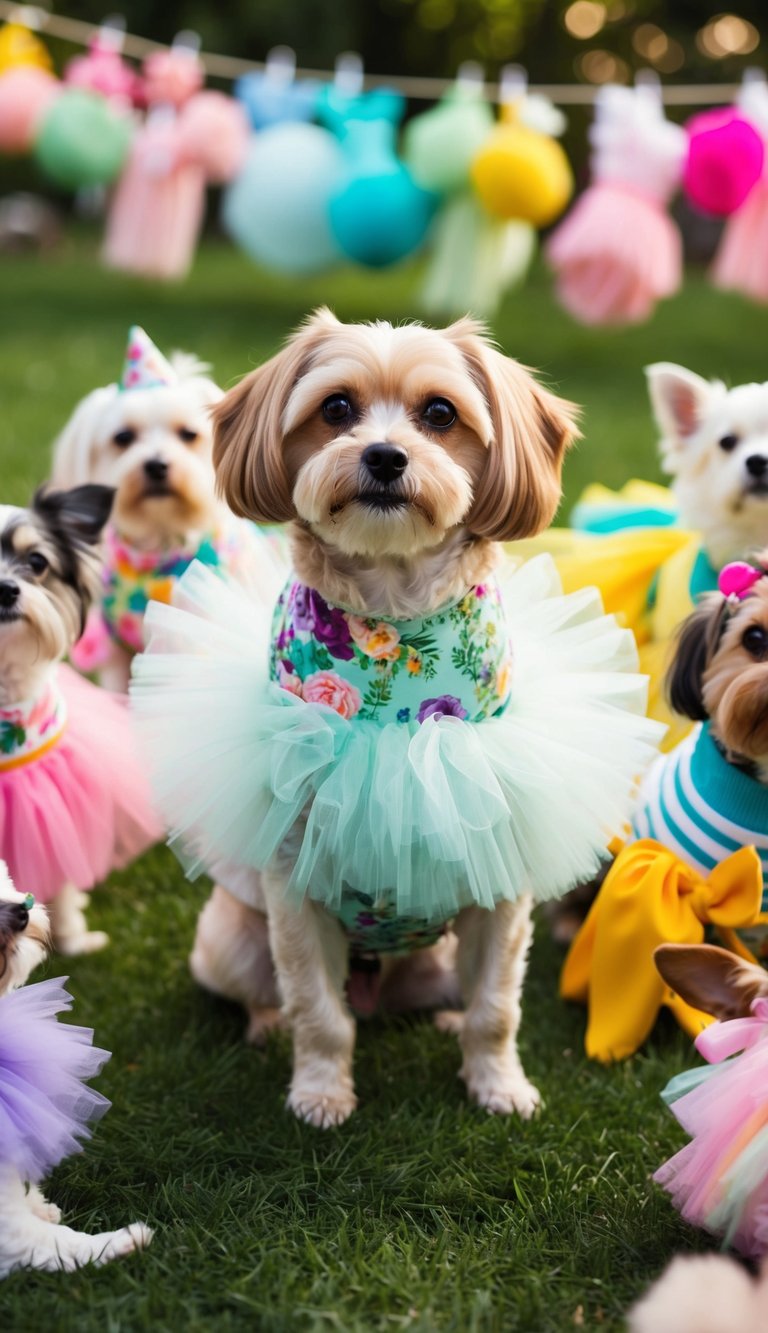 A small dog wearing a garden party tulle dress, surrounded by various adorable and cute dog outfits for every season