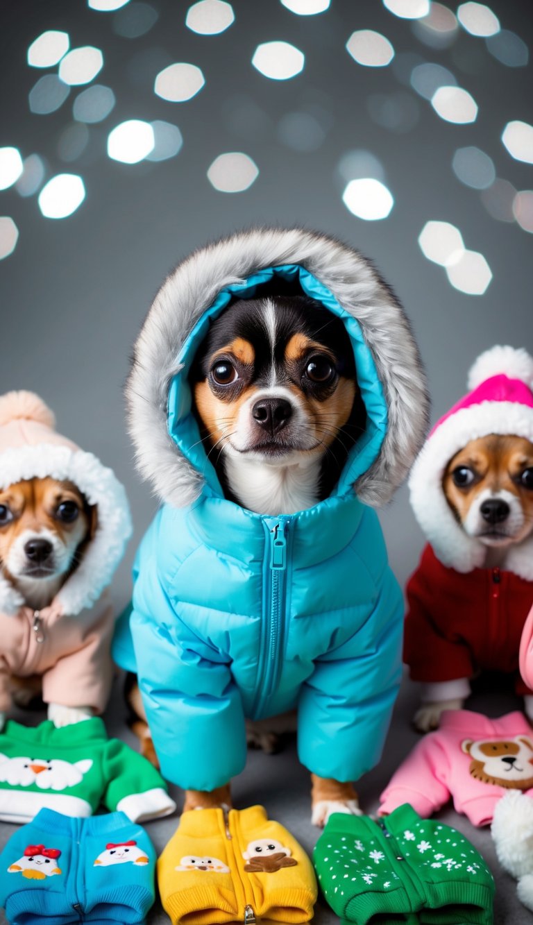 A small dog wearing a snowstorm puffer jacket, surrounded by various adorable and cute outfits for different seasons