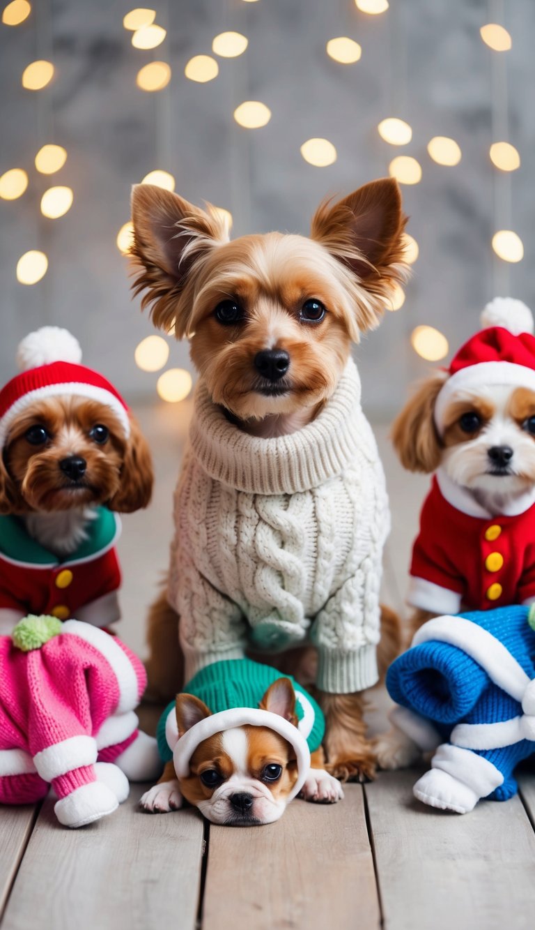 A small dog wearing a cozy cable knit sweater, surrounded by various adorable and cute dog outfits for every season