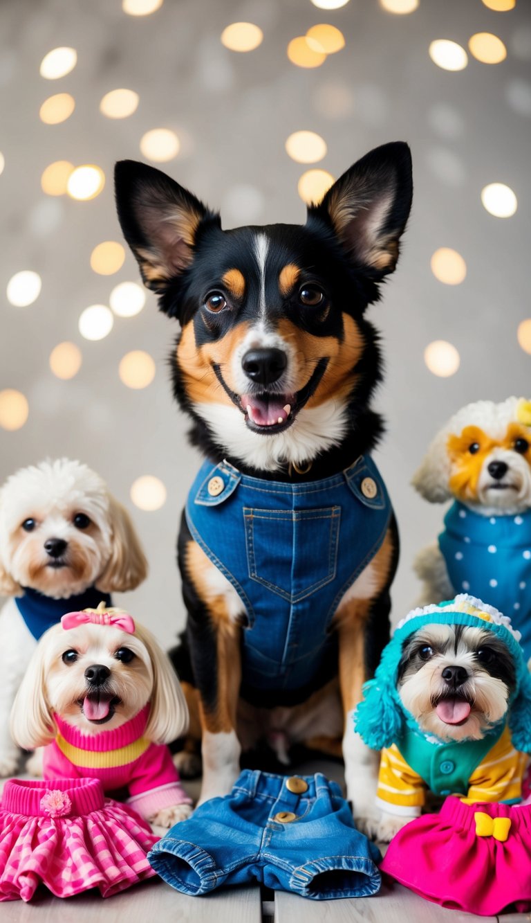 A playful dog wearing classic denim overalls, surrounded by a variety of adorable and cute outfits for every season