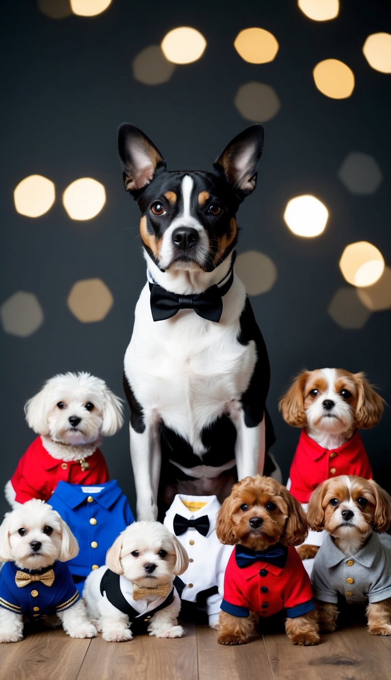 A dapper dog in a tuxedo and bowtie, surrounded by 21 adorable and cute outfits for every season