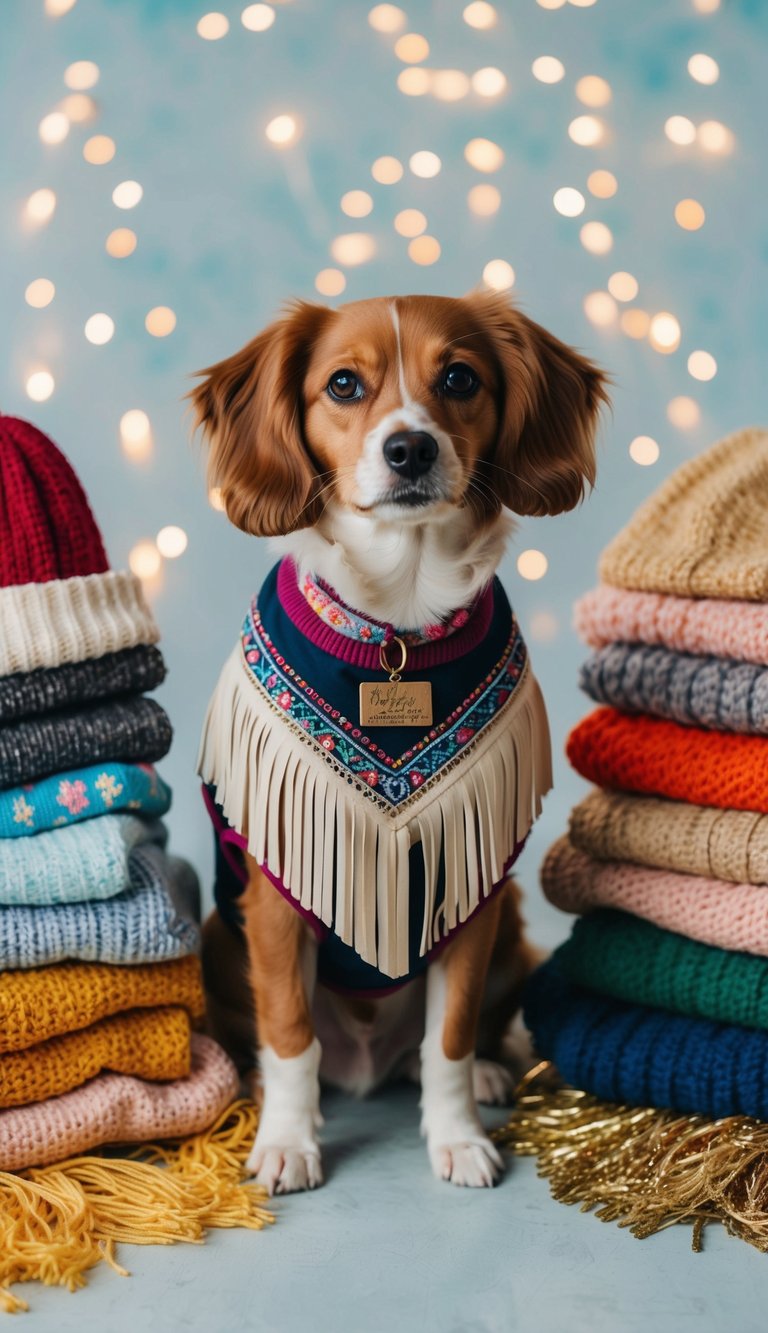 A cute dog wearing a boho chic fringe vest, surrounded by various adorable outfits for different seasons