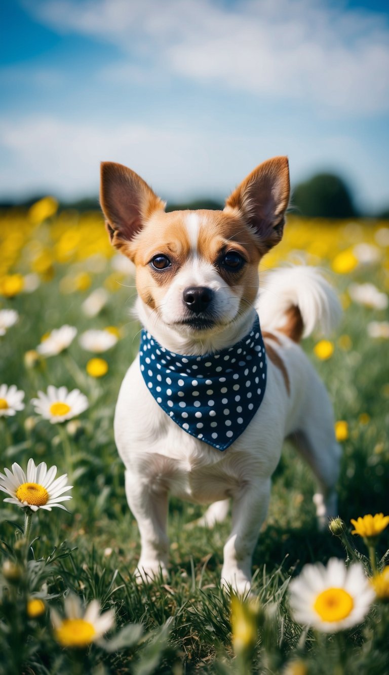 A small dog wearing a polka dot bandana stands in a field of flowers, with a blue sky and sunshine in the background