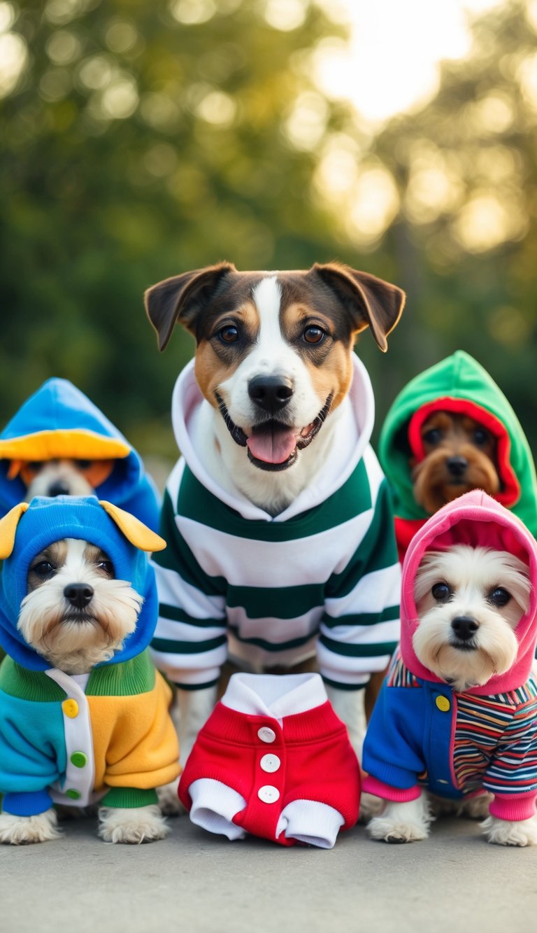A cute dog wearing a sporty striped hoodie, surrounded by various adorable outfits for different seasons