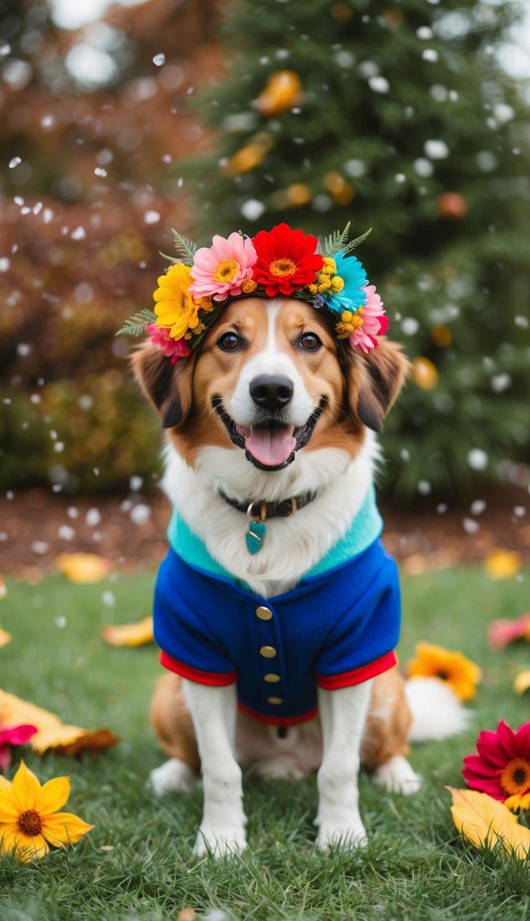 A happy dog wearing a colorful flower crown and a cute outfit, surrounded by seasonal elements like flowers, leaves, and snowflakes