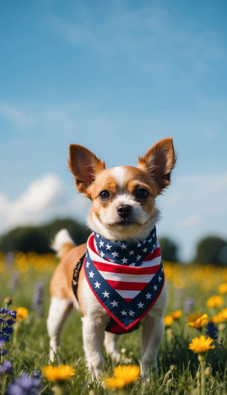 A small dog wearing a patriotic flag bandana, standing in a field of flowers with a clear blue sky in the background