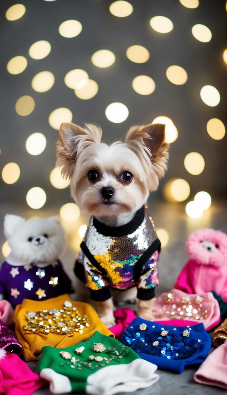 A small dog wearing a glamorous sequined top, surrounded by a variety of adorable, cute outfits for every season