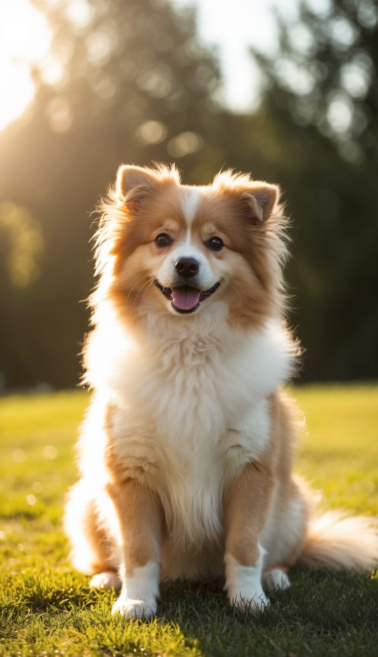 A fluffy dog sits in a patch of sunlight, casting a soft glow on its fur. The warm light highlights its cute features and creates a paw-some moment for a photograph