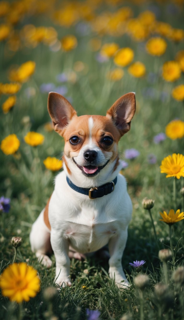 A small dog sitting in a field of flowers, looking directly at the camera with a playful expression