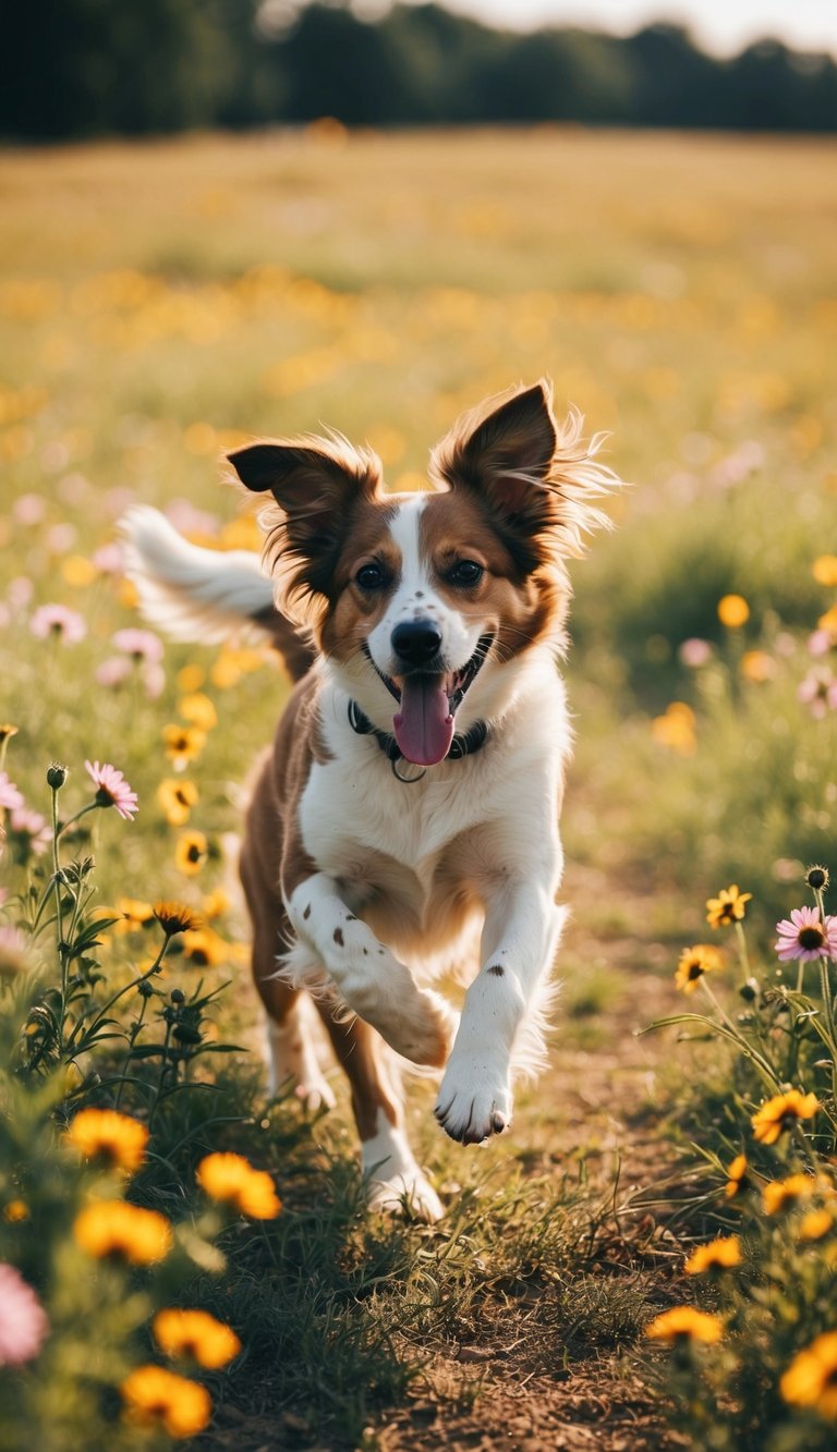 A playful dog running through a field of wildflowers, tongue out and ears flopping, with the sun casting a warm glow on its fur