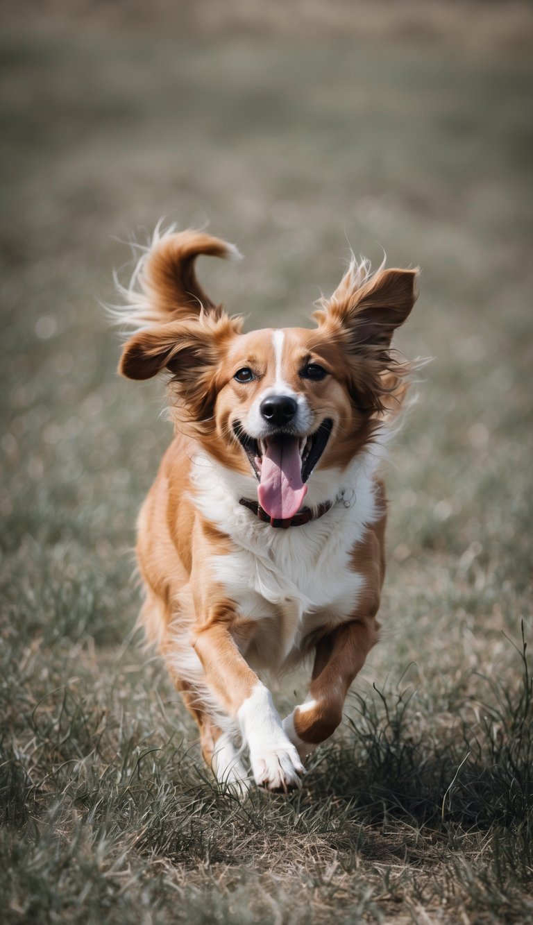 A playful dog running through a field, tongue out, ears flying, and fur ruffling in the wind