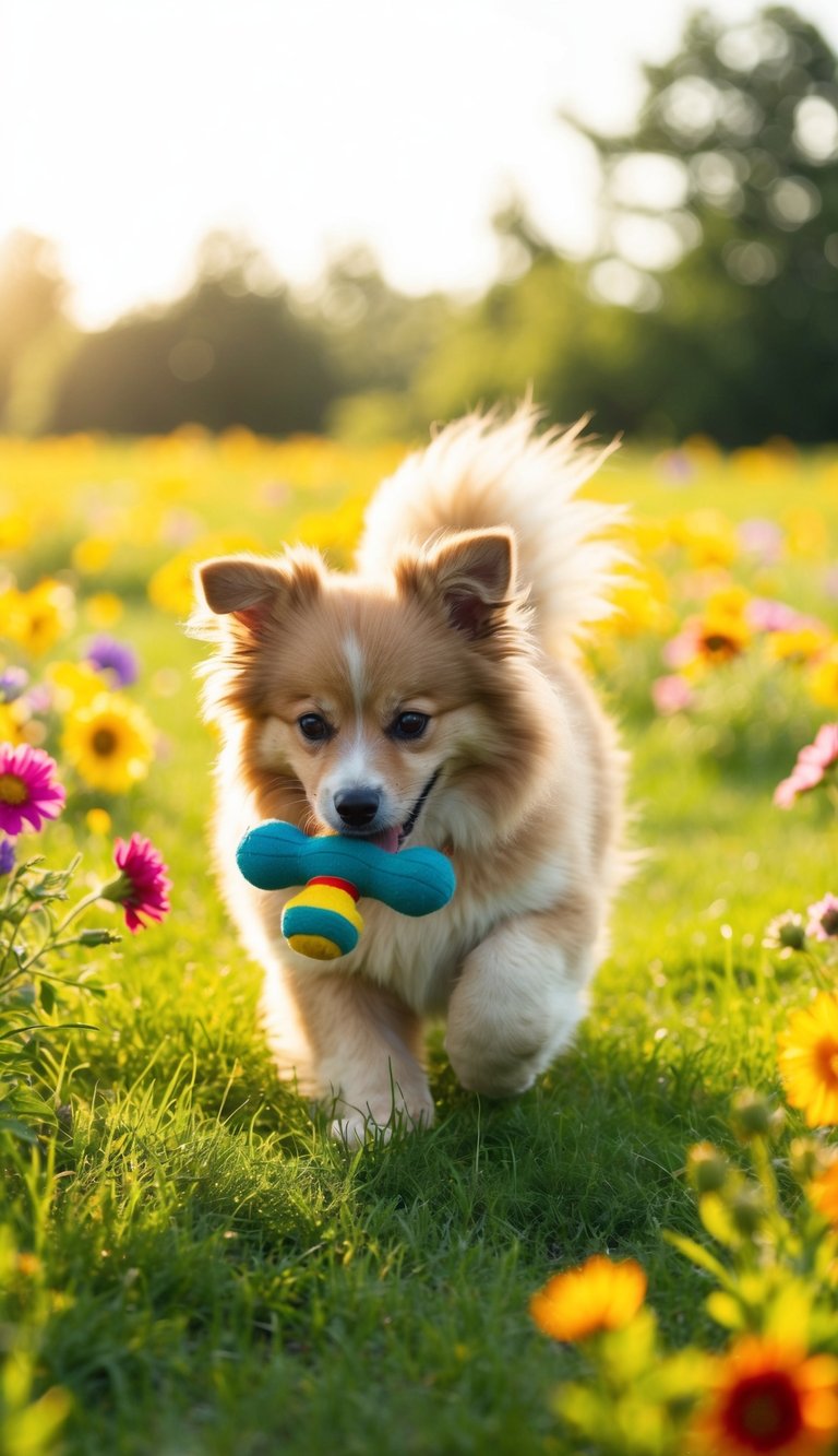 A fluffy dog plays with its favorite toy in a bright, grassy field, surrounded by colorful flowers and bathed in warm sunlight