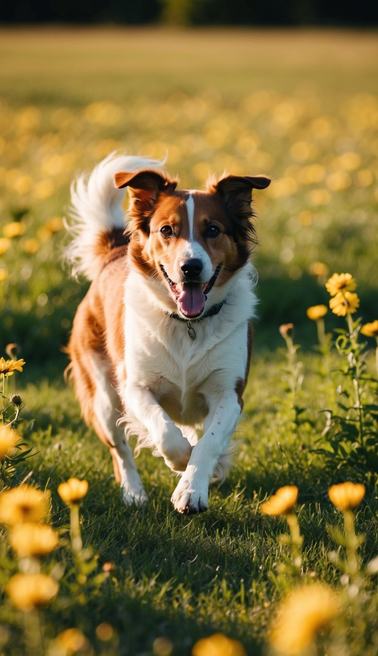 A playful dog running through a field of flowers, with the sunlight casting a warm glow on its fur