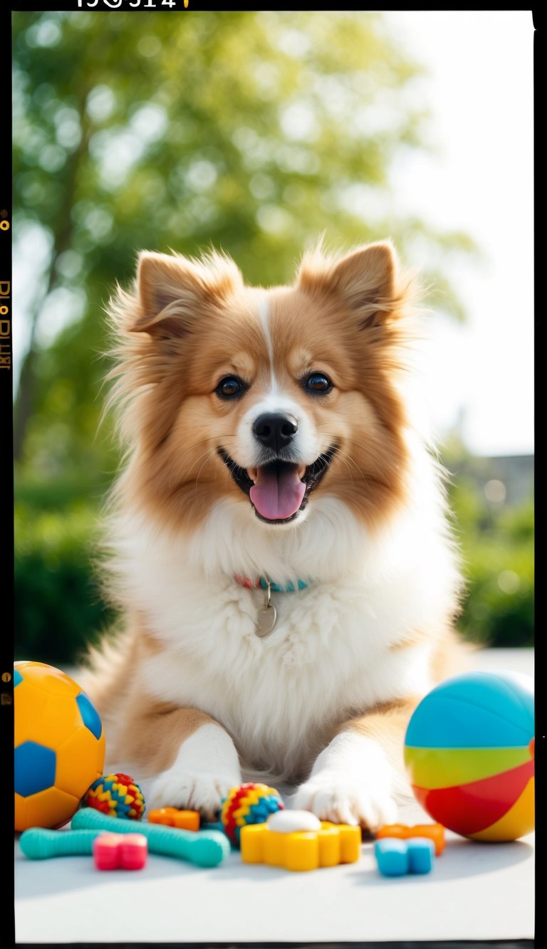 A fluffy dog with a playful expression, surrounded by toys and treats, in a bright, outdoor setting