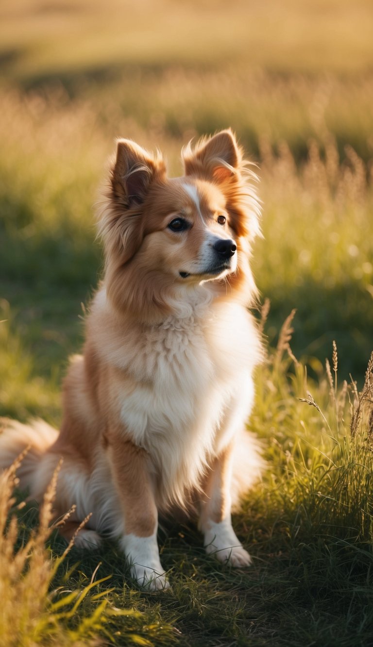A fluffy dog sits in a field of tall grass, bathed in warm, golden light. Its ears perk up as it looks off into the distance, capturing a serene and peaceful moment